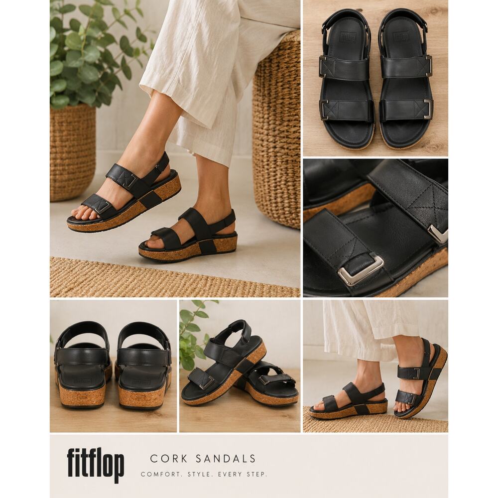 FitFlop Black Leather REMI Cork Platform Sandals Comfort Shoes Women’s 9M ~ EUC